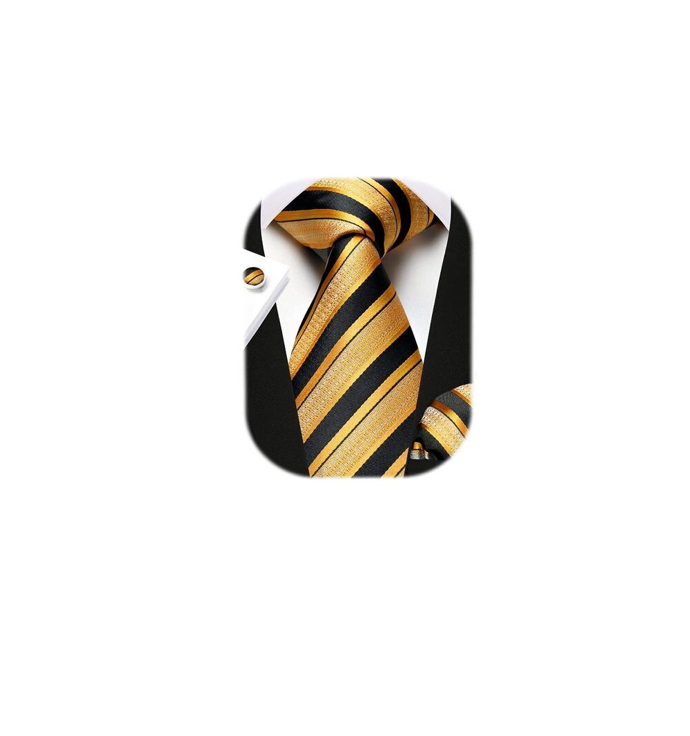 5263 Yellow Gold Black Ties Stripe Ties and Pocket Square Set Business